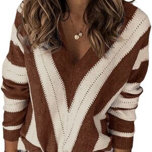 PrettyGarden Chevron Brown‎ Cream Crew Neck Sweater Soft Knitted Pullover SZ M